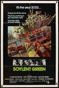 5c759 SOYLENT GREEN 1sh '73 art of Charlton Heston trying to escape riot control by John Solie!