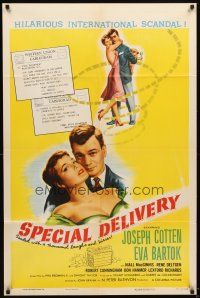 5c760 SPECIAL DELIVERY style B 1sh '55 Cotten & Eva Bartok in a hilarious international scandal!