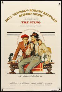 5c786 STING 1sh '74 best artwork of con men Paul Newman & Robert Redford by Richard Amsel!