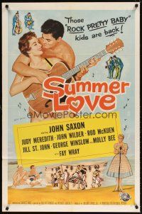 5c805 SUMMER LOVE 1sh '58 very young John Saxon plays guitar with pretty girl on beach!