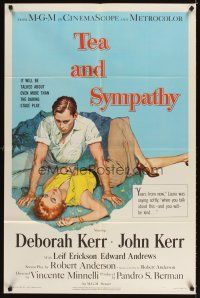 5c833 TEA & SYMPATHY 1sh '56 great artwork of Deborah Kerr & John Kerr by Gale, classic tagline!