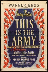 5c860 THIS IS THE ARMY 1sh '43 Irving Berlin musical, Lt. Ronald Reagan, cool patriotic design!