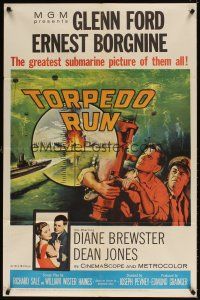 5c886 TORPEDO RUN 1sh '58 artwork of Glenn Ford & Ernest Borgnine in submarine at periscope!