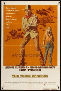 5c889 TRAIN ROBBERS 1sh '73 great full-length art of cowboy John Wayne & Ann-Margret!