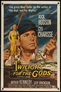 5c906 TWILIGHT FOR THE GODS 1sh '58 great artwork of Rock Hudson & sexy Cyd Charisse on beach!