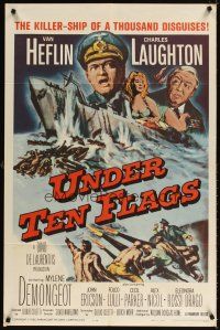 5c915 UNDER TEN FLAGS 1sh '60 art of Van Heflin, Charles Laughton & sexy Mylene Demongeot!