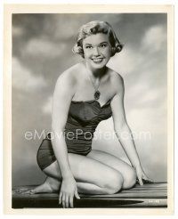 5d323 DORIS DAY 8x10 still '50s smiling close up kneeling on surfboard in sexy swimsuit!