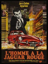 5f677 DEATH IN THE RED JAGUAR French 23x32 '70 cool Saukoff art of George Nader with gun over car!
