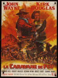 5f716 WAR WAGON French 23x32 '67 cowboys John Wayne & Kirk Douglas, armored stagecoach art!
