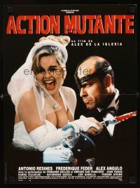 5f796 MUTANT ACTION French 15x21 '92 Accion mutante, image of bride with bloody knife & groom!