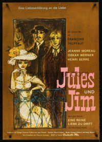 5f056 JULES & JIM 2-sided German '62 Francois Truffaut, Jeanne Moreau, Oskar Werner, different!