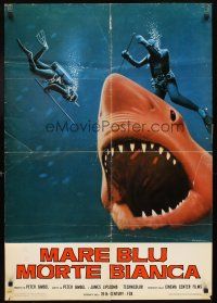 5f562 BLUE WATER, WHITE DEATH red shark Italian lrg pbusta '72 close/up of great white shark & scuba divers!