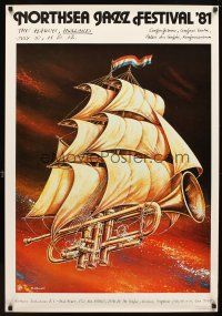 5f158 NORTHSEA JAZZ FESTIVAL '81 26x38 Polish music poster '81 Olbinksi art of sailing trumpet!