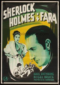 5f306 DRESSED TO KILL Swedish '46 art of Basil Rathbone as Holmes & Patricia Morison w/ gun!