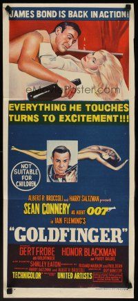 5h086 GOLDFINGER Aust daybill '64 great stone litho art of Sean Connery as Bond, back in action!