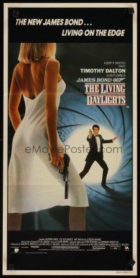 5h424 LIVING DAYLIGHTS Aust daybill '87 Dalton as Bond & sexy Maryam d'Abo in sheer dress w/gun!