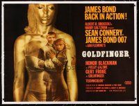 5h071 GOLDFINGER linen British quad '64 incredible image of Connery as James Bond in golden girl!