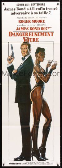 5h398 VIEW TO A KILL French door-panel '85 art of Roger Moore as James Bond & Grace Jones by Goozee