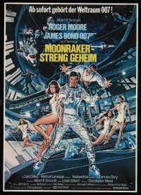 5h315 MOONRAKER German 12x19 '79 art of Roger Moore as James Bond & sexy Lois Chiles by Goozee!