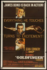 5h074 GOLDFINGER flat finish 1sh '64 3 images of Sean Connery as James Bond + golden Shirley Eaton!