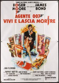 5h239 LIVE & LET DIE Italian 2p '73 art of Roger Moore as James Bond & sexy girls on tarot cards!