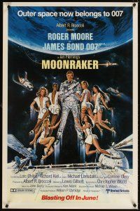 5h295 MOONRAKER advance 1sh '79 art of Roger Moore as Bond & sexy space babes by Goozee!