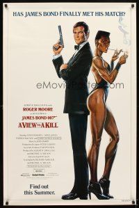 5h392 VIEW TO A KILL advance 1sh '85 art of Moore as Bond 007 & smoking Grace Jones by Goozee!