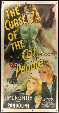 5j021 CURSE OF THE CAT PEOPLE linen 3sh '44 art of sexy Simone Simon + huge snarling black panther!