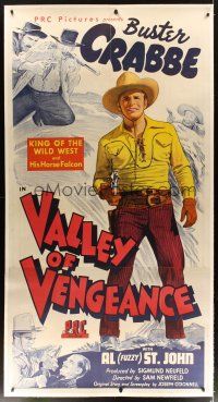 5j033 VALLEY OF VENGEANCE linen 3sh '44 stone litho of cowboy Buster Crabbe, King of the Wild West!