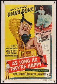 5j243 AS LONG AS THEY'RE HAPPY linen 1sh '57 sexy Diana Dors barely dressed in wicker chair!