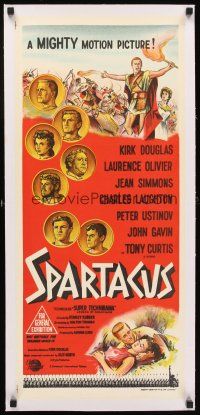 5j088 SPARTACUS linen Aust daybill '60 classic Stanley Kubrick & Kirk Douglas epic, cool coin art!