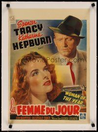 5j210 WOMAN OF THE YEAR linen Belgian '42 great artwork of Spencer Tracy & Katharine Hepburn!
