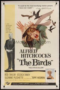 5j254 BIRDS linen 1sh '63 Alfred Hitchcock shown + art of Tippi Hedren attacked by birds!