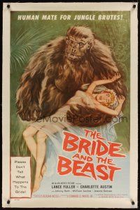 5j261 BRIDE & THE BEAST linen 1sh '58 Ed Wood classic, wacky art of huge ape holding sexy girl!