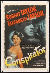 5j274 CONSPIRATOR linen 1sh '49 art of English spy Robert Taylor & sexy young Elizabeth Taylor!