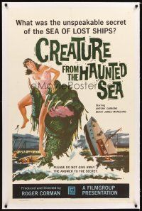 5j277 CREATURE FROM THE HAUNTED SEA linen 1sh '61 art of monster's hand in sea grabbing sexy girl!