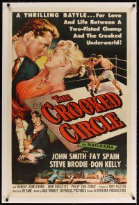 5j279 CROOKED CIRCLE linen 1sh '57 two-fisted boxing champ vs crooked underworld, cool art!