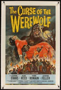5j281 CURSE OF THE WEREWOLF linen 1sh '61 Hammer, art of Oliver Reed holding victim by Joseph Smith