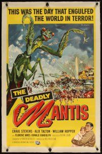 5j283 DEADLY MANTIS linen 1sh '57 classic art of giant insect on Washington Monument by Ken Sawyer!