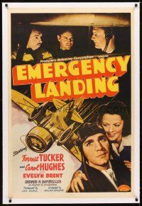 5j292 EMERGENCY LANDING linen 1sh '41 Forrest Tucker, Carol Hughes, great airplane crash art!