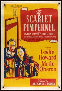 5j077 SCARLET PIMPERNEL linen English 1sh R50s art of Leslie Howard & Merle Oberon by guillotine!