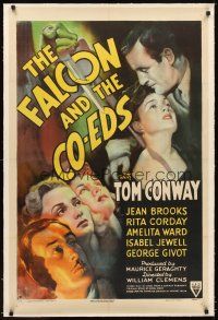 5j297 FALCON & THE CO-EDS linen 1sh '43 artwork of detective Tom Conway & pretty ladies!