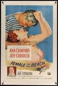 5j300 FEMALE ON THE BEACH linen 1sh '55 sexy Joan Crawford & Jeff Chandler kissing in the sand art!