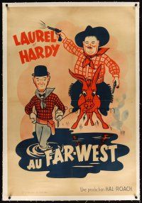 5j015 WAY OUT WEST linen French 31x47 R60s wacky different art of cowboys Laurel & Hardy, classic!