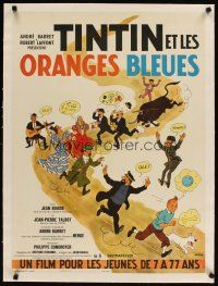 5j119 TINTIN ET LES ORANGES BLEUES linen French 23x32 '64 art by Herge, from his classic cartoon!