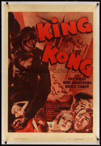 5j343 KING KONG linen 1sh R52 different art of Fay Wray, Robert Armstrong & the giant ape!