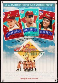 5j346 LEAGUE OF THEIR OWN linen advance 1sh '92 Tom Hanks, Madonna, Geena Davis, women's baseball!