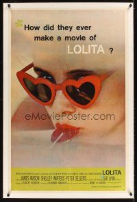 5j349 LOLITA linen 1sh '62 Stanley Kubrick, sexy Sue Lyon with heart sunglasses & lollipop!