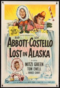 5j351 LOST IN ALASKA linen 1sh '52 artwork of Bud Abbott & Lou Costello falling on ice!