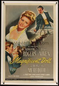 5j354 MAGNIFICENT DOLL linen 1sh '46 no woman ever loved more than Ginger Rogers, David Niven